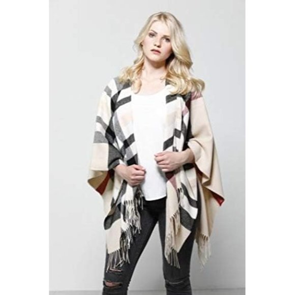 FRAAS Women's Fraas Plaid Cape Sweater with Fringe-Trim - NWT Black - Picture 3 of 5